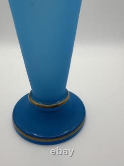 Antique 19th Century French Blue Opaline Glass Vase With Gold Gilt Rim