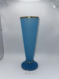 Antique 19th Century French Blue Opaline Glass Vase With Gold Gilt Rim