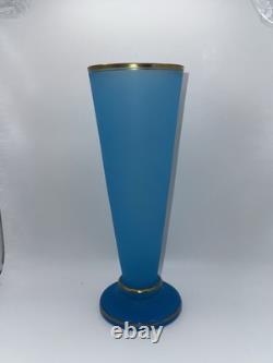 Antique 19th Century French Blue Opaline Glass Vase With Gold Gilt Rim