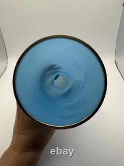Antique 19th Century French Blue Opaline Glass Vase With Gold Gilt Rim