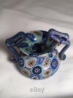 Antique 2 Mini Murano Millefiori Fratelli Toso Handle Roman Urn Glass Bud Vase