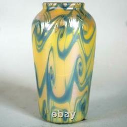 Antique American Quezal Glass Yellow and Blue King Tut Cabinet Vase c. 1900