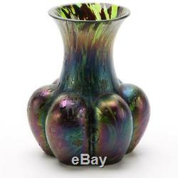 Antique Amethyst Swirl Blue Iridescent Art Nouveau Glass Vase, Signed