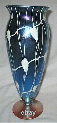 Antique Art Deco USA 12.5 Durand Blue Hearts Vines Art Glass Flower Vase Mint