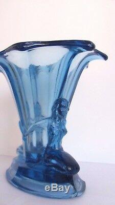 Antique, Art Deco Walther & Sohne Blue Glass Vase With Figures, Windsor Vase