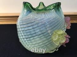 Antique Art Glass Vase Mt Washington Pairpoint Blue Satin with Applied Acorns