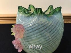 Antique Art Glass Vase Mt Washington Pairpoint Blue Satin with Applied Acorns