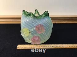 Antique Art Glass Vase Mt Washington Pairpoint Blue Satin with Applied Acorns