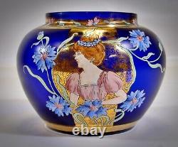 Antique Art Nouveau Hand Painted Enamel Cobalt Art Glass Portrait Vase STUNNING