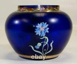 Antique Art Nouveau Hand Painted Enamel Cobalt Art Glass Portrait Vase STUNNING
