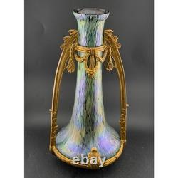 Antique Art Nouveau Iridescent Art Glass Vase, Gilt Bronze, Mounted Oil Spot