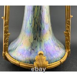 Antique Art Nouveau Iridescent Art Glass Vase, Gilt Bronze, Mounted Oil Spot