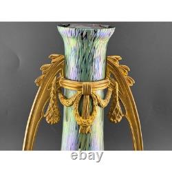 Antique Art Nouveau Iridescent Art Glass Vase, Gilt Bronze, Mounted Oil Spot