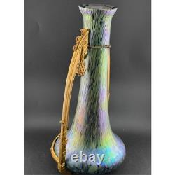 Antique Art Nouveau Iridescent Art Glass Vase, Gilt Bronze, Mounted Oil Spot