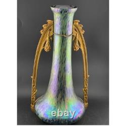 Antique Art Nouveau Iridescent Art Glass Vase, Gilt Bronze, Mounted Oil Spot