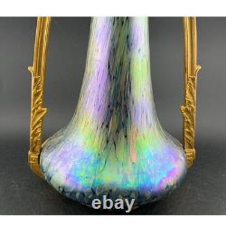 Antique Art Nouveau Iridescent Art Glass Vase, Gilt Bronze, Mounted Oil Spot