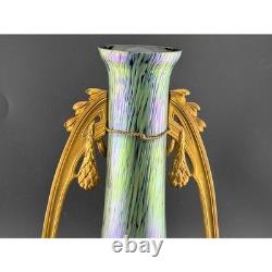 Antique Art Nouveau Iridescent Art Glass Vase, Gilt Bronze, Mounted Oil Spot