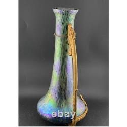 Antique Art Nouveau Iridescent Art Glass Vase, Gilt Bronze, Mounted Oil Spot