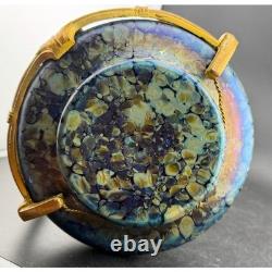 Antique Art Nouveau Iridescent Art Glass Vase, Gilt Bronze, Mounted Oil Spot