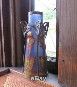 Antique Art Nouveau/Jugendstil Enameled Blue Glass Vase with Pewter 1890-1910