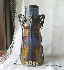 Antique Art Nouveau/Jugendstil Enameled Blue Glass Vase with Pewter 1890-1910