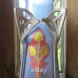 Antique Art Nouveau/Jugendstil Enameled Blue Glass Vase with Pewter 1890-1910