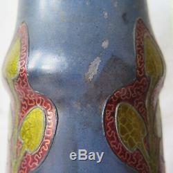 Antique Art Nouveau/Jugendstil Enameled Blue Glass Vase with Pewter 1890-1910