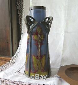 Antique Art Nouveau/Jugendstil Enameled Blue Glass Vase with Pewter 1890-1910