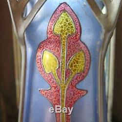 Antique Art Nouveau/Jugendstil Enameled Blue Glass Vase with Pewter 1890-1910