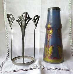 Antique Art Nouveau/Jugendstil Enameled Blue Glass Vase with Pewter 1890-1910