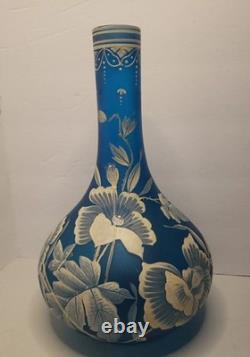 Antique Beautiful French Bohemian, Art Nouveau Blue Satin Enameled Glass Vase UM