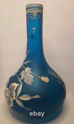 Antique Beautiful French Bohemian, Art Nouveau Blue Satin Enameled Glass Vase UM