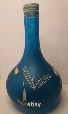 Antique Beautiful French Bohemian, Art Nouveau Blue Satin Enameled Glass Vase UM