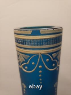 Antique Beautiful French Bohemian, Art Nouveau Blue Satin Enameled Glass Vase UM
