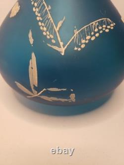 Antique Beautiful French Bohemian, Art Nouveau Blue Satin Enameled Glass Vase UM