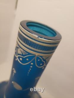 Antique Beautiful French Bohemian, Art Nouveau Blue Satin Enameled Glass Vase UM