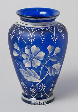 Antique Blue Glass & Cameo Enamel Flower Design Vase Victorian c1880