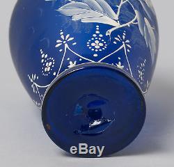Antique Blue Glass & Cameo Enamel Flower Design Vase Victorian c1880