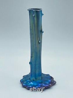 Antique Blue Iridescent Steuben Aurene Tree Stump Prunt Thorn Art Glass Vase