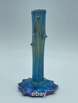 Antique Blue Iridescent Steuben Aurene Tree Stump Prunt Thorn Art Glass Vase
