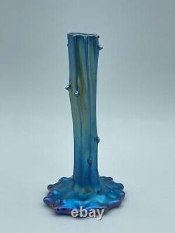 Antique Blue Iridescent Steuben Aurene Tree Stump Prunt Thorn Art Glass Vase