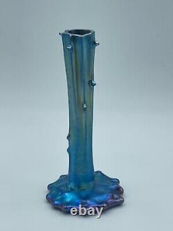 Antique Blue Iridescent Steuben Aurene Tree Stump Prunt Thorn Art Glass Vase