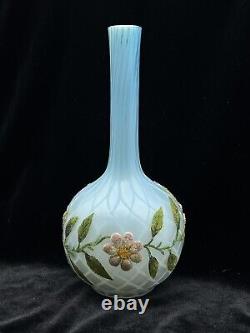 Antique Blue Quilted Cased Satin Glass Vase-Coraline Overlay 9