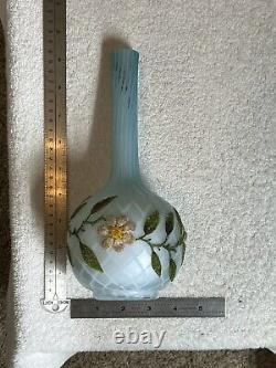 Antique Blue Quilted Cased Satin Glass Vase-Coraline Overlay 9