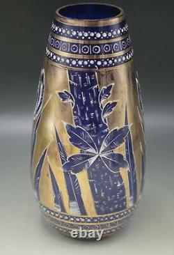 Antique Bohemia Glass Cobalt And Gold Overlay And Enamel Tulips Vase