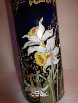 Antique Bohemian Blue Cobalt Enameled Moser Glass Vase Irises Daffodils