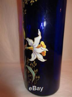 Antique Bohemian Blue Cobalt Enameled Moser Glass Vase Irises Daffodils