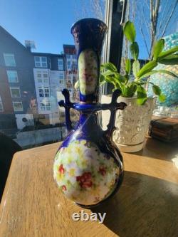 Antique Bohemian Cobalt Blue Art Glass Vase Ewer Hand Painted Floral Gold URN