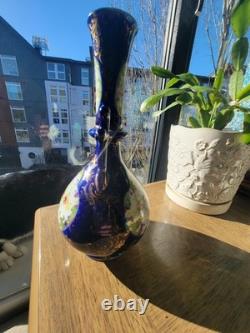 Antique Bohemian Cobalt Blue Art Glass Vase Ewer Hand Painted Floral Gold URN
