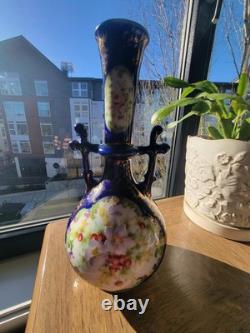 Antique Bohemian Cobalt Blue Art Glass Vase Ewer Hand Painted Floral Gold URN
